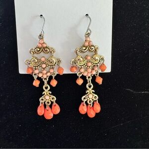 Elegant Gold and Coral Chandelier Earrings